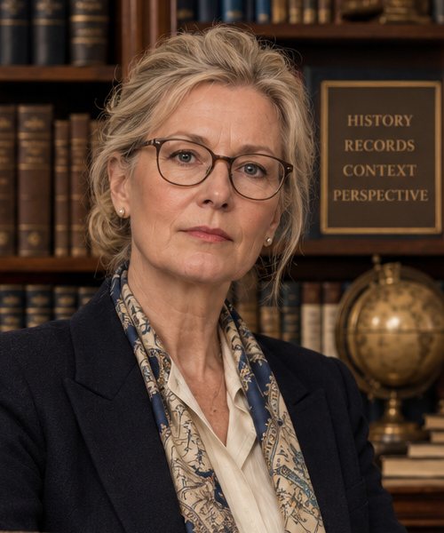 Dr. Eleanor Van Der Berg, Director of Historical Records, in the Hall’s historical archives.