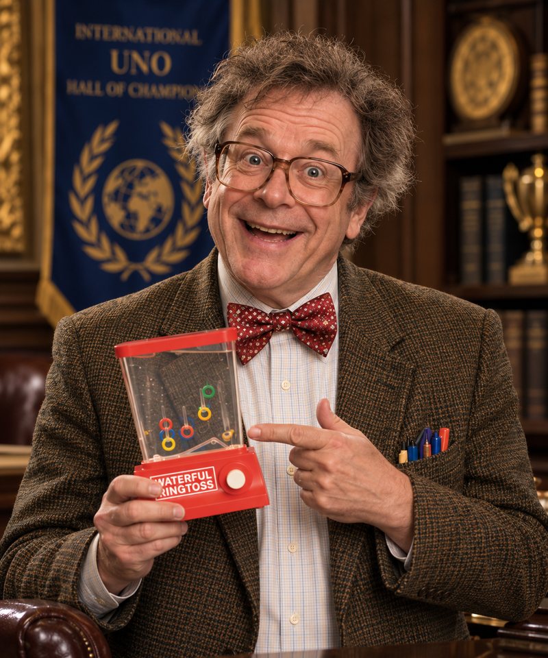 Official portrait of Harold “Harry” Feldman in a tweed jacket and bow tie, beaming as he points to a Waterful Ringtoss he holds up beside the Hall’s banner.